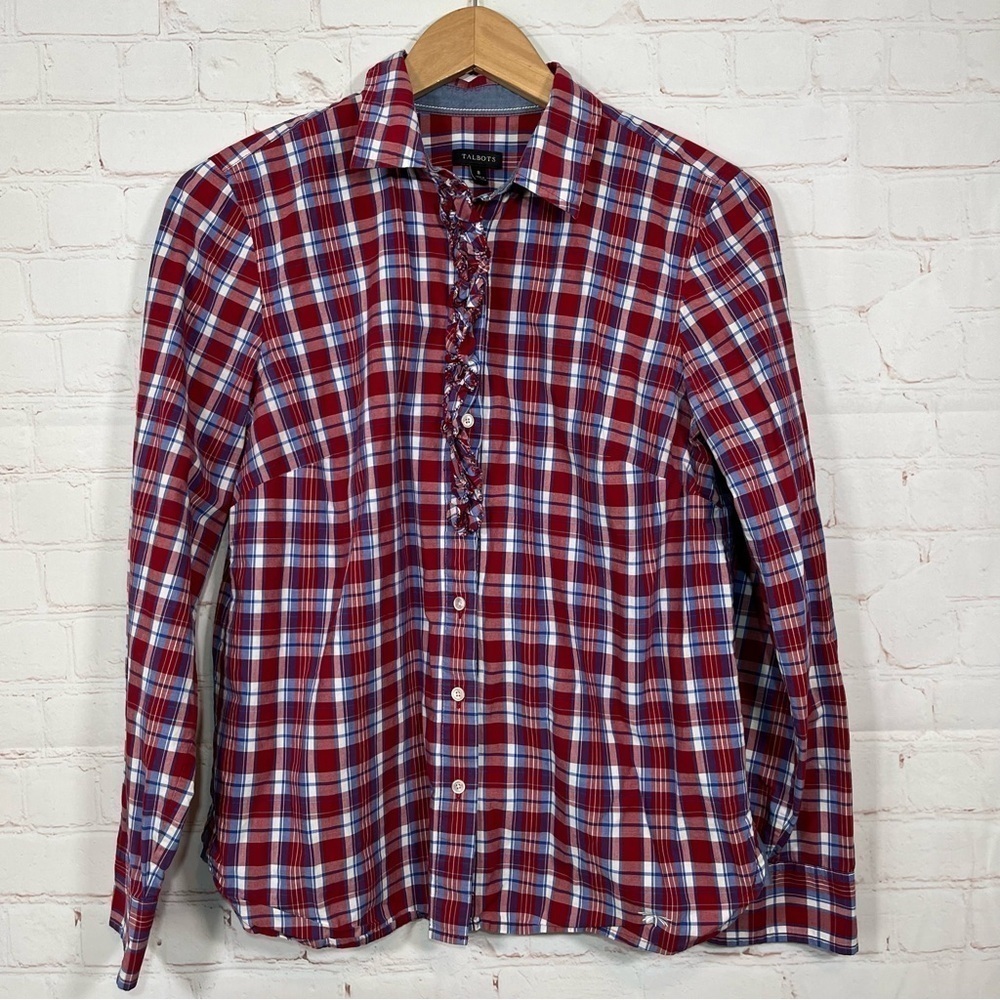 Talbots Blouse Womens Size 8 Red Button Down Long Sleeve Plaid Ruffle Trim